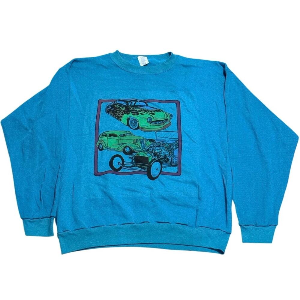 Vintage 90s Classic Hot Rod Car Graphic Crewneck Sweatshirt Teal Blue Large